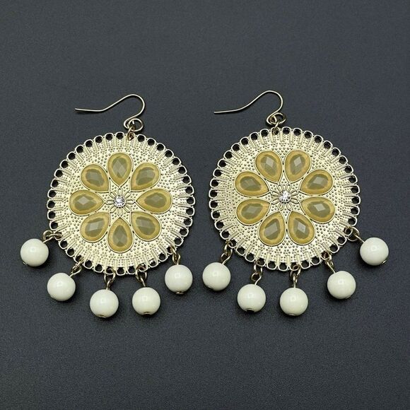 Yellow Gold with Champagne Crystal and White Beaded Medallion Hook Earrings - Picture 2 of 10